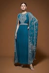 Buy_Nirraamyaa_Teal Viscose Georgette Rhinestones Round Neck Blue Cape Kurta Set _at_Aza_Fashions