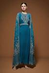 Nirraamyaa_Teal Viscose Georgette Rhinestones Round Neck Blue Cape Kurta Set _Online_at_Aza_Fashions