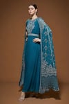 Buy_Nirraamyaa_Teal Viscose Georgette Rhinestones Round Neck Blue Cape Kurta Set _Online_at_Aza_Fashions