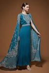 Shop_Nirraamyaa_Teal Viscose Georgette Rhinestones Round Neck Blue Cape Kurta Set _Online_at_Aza_Fashions