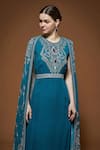 Nirraamyaa_Teal Viscose Georgette Rhinestones Round Neck Blue Cape Kurta Set _at_Aza_Fashions