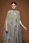 Nirraamyaa_Gray Bemberg, Crepe Rhinestones Keyhole Neck Designer Cape And Kurta Set _Online_at_Aza_Fashions