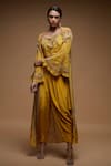 Nirraamyaa_Mustard Bemberg, Crepe Rhinestones Round Neck Embellished Jacket Set _Online_at_Aza_Fashions