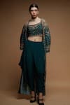 Buy_Nirraamyaa_Green Bemberg, Crepe Rhinestones Round Neck Teal Embellished Jacket Set _at_Aza_Fashions