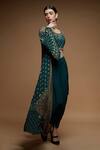 Shop_Nirraamyaa_Green Bemberg, Crepe Rhinestones Round Neck Teal Embellished Jacket Set _at_Aza_Fashions