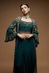 Shop_Nirraamyaa_Green Bemberg, Crepe Rhinestones Round Neck Teal Embellished Jacket Set _Online_at_Aza_Fashions