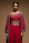 Shop_Nirraamyaa_Fuchsia Bemberg, Crepe Rhinestones Square Neck, Open Fuschia Work Jacket Set _Online_at_Aza_Fashions