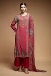 Buy_Nirraamyaa_Red Bemberg, Georgette, Crepe Rhinestones Round Fuchsia Designer Kurta Pant Set _at_Aza_Fashions