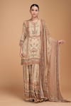 Buy_Nirraamyaa_Beige Bemberg, Crepe Rhinestones Round Neck Floral Kurta Set _at_Aza_Fashions