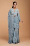 Nirraamyaa_Aqua Bemberg, Crepe Rhinestones Keyhole Neck Embellished Kurta Set _Online_at_Aza_Fashions