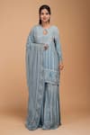 Buy_Nirraamyaa_Aqua Bemberg, Crepe Rhinestones Keyhole Neck Embellished Kurta Set _Online_at_Aza_Fashions