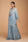 Nirraamyaa_Aqua Bemberg, Crepe Rhinestones Keyhole Neck Embellished Kurta Set _at_Aza_Fashions