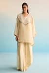 Buy_House Of Armuse_Beige Crepe Mirrors, Pearls Round Neck Work Kurta Skirt Set _at_Aza_Fashions