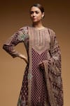 Nirraamyaa_Brown Bemberg, Crepe Rhinestones Round Neck Designer Kurta Pant Dupatta Set _at_Aza_Fashions