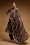 Shop_Nirraamyaa_Brown Bemberg, Crepe Rhinestones Round Neck Designer Kurta Pant Dupatta Set _at_Aza_Fashions