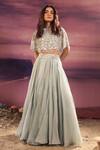 Buy_Couture By Niharika_Blue Organza Embroidery, Pearls Round Neck Tasseled Cape Lehenga Set _at_Aza_Fashions