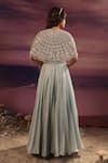 Shop_Couture By Niharika_Blue Organza Embroidery, Pearls Round Neck Tasseled Cape Lehenga Set _at_Aza_Fashions