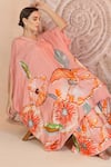 Soniya G_Pink Muslin, Silk Round Neck Pastel Floral Kaftan And Pant Set _at_Aza_Fashions