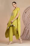 Shop_Soniya G_Green Muslin, Silk Embroidery Round Lime Asymmetric Kurta And Farshi Salwar Set _Online_at_Aza_Fashions