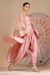 Shop_Soniya G_Pink Muslin, Silk Embroidery Round Neck Powder Designer Cape Set _Online_at_Aza_Fashions