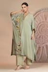 Soniya G_Green Muslin, Silk Embroidery V-neck Pista Kurta And Pant Set _Online_at_Aza_Fashions