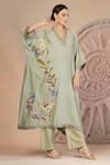 Shop_Soniya G_Green Muslin, Silk Embroidery V-neck Pista Kurta And Pant Set _Online_at_Aza_Fashions