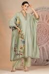Buy_Soniya G_Green Muslin, Silk Embroidery V-neck Pista Kurta And Pant Set _at_Aza_Fashions