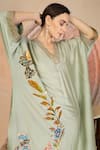 Soniya G_Green Muslin, Silk Embroidery V-neck Pista Kurta And Pant Set _at_Aza_Fashions