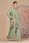 Buy_Soniya G_Green Muslin, Silk Embroidery Collared Pista Kurta And Palazzo Set _Online_at_Aza_Fashions
