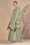 Soniya G_Green Muslin, Silk Embroidery Collared Pista Kurta And Palazzo Set _Online
