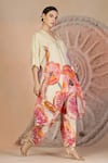Soniya G_Ivory Muslin, Silk Split V-neck Floral Print Kurta And Farshi Salwar Set _Online_at_Aza_Fashions