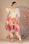 Buy_Soniya G_Ivory Muslin, Silk Split V-neck Floral Print Kurta And Farshi Salwar Set _at_Aza_Fashions