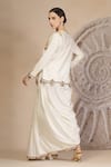 Shop_Soniya G_Ivory Muslin, Silk Embroidery V-neck Draped Dhoti Pant And Blouse Set _at_Aza_Fashions