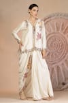 Buy_Soniya G_Ivory Muslin, Silk Embroidery V-neck Draped Dhoti Pant And Blouse Set _at_Aza_Fashions