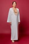Buy_Masaba_White Georgette Embroidery Plunge Neck The Rann Mascot Embellished Kaftan _at_Aza_Fashions