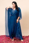 Buy_Mamicha_Teal Chiffon Beads V-neck Draped Kaftan With Belt _Online_at_Aza_Fashions