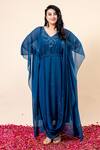 Shop_Mamicha_Teal Chiffon Beads V-neck Draped Kaftan With Belt _Online_at_Aza_Fashions