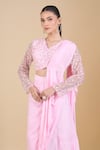 Samyukta Singhania_Pink Net, Chinon Sequins, Zari, Beads Embroidered Blouse And Pre-draped Saree _at_Aza_Fashions