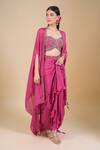 Samyukta Singhania_Pink Chinon Sequins, Zari Sweetheart Neck, Embroidered Crop Top Jacket Skirt Set_Online_at_Aza_Fashions