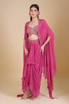 Buy_Samyukta Singhania_Pink Chinon Sequins, Zari Sweetheart Neck, Embroidered Crop Top Jacket Skirt Set_at_Aza_Fashions