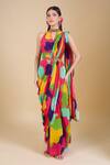 Buy_Samyukta Singhania_Multi Color Crepe Sequins, Pearls Halter Neck Pre-draped Saree Set _at_Aza_Fashions