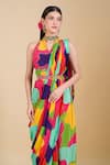Samyukta Singhania_Multi Color Crepe Sequins, Pearls Halter Neck Pre-draped Saree Set _at_Aza_Fashions