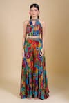 Samyukta Singhania_Multi Color Chinon Embroidery, Zari, Sequins Keyhole Neck, Open Crop Top Set _at_Aza_Fashions
