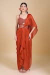 Buy_Samyukta Singhania_Orange Chinon Embroidery, Zari, Sequins Sweetheart Neck Hand Blouse And Saree Set _at_Aza_Fashions