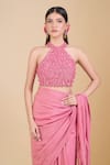 Samyukta Singhania_Pink Tissue Embroidery, Sequins, Beads, Cut Work Halter Neck Hand Saree Set _Online_at_Aza_Fashions