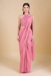 Buy_Samyukta Singhania_Pink Tissue Embroidery, Sequins, Beads, Cut Work Halter Neck Hand Saree Set _Online_at_Aza_Fashions