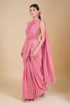 Shop_Samyukta Singhania_Pink Tissue Embroidery, Sequins, Beads, Cut Work Halter Neck Hand Saree Set _Online_at_Aza_Fashions