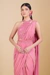 Samyukta Singhania_Pink Tissue Embroidery, Sequins, Beads, Cut Work Halter Neck Hand Saree Set _at_Aza_Fashions