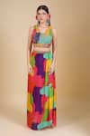 Samyukta Singhania_Green Chinon Sequins, Zari, Cut Work V-, Open Multi Color Crop Top Set _Online_at_Aza_Fashions