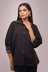 Naintara Bajaj_Black Crepe Sequins Collared Detail Shirt And Pant Set _at_Aza_Fashions